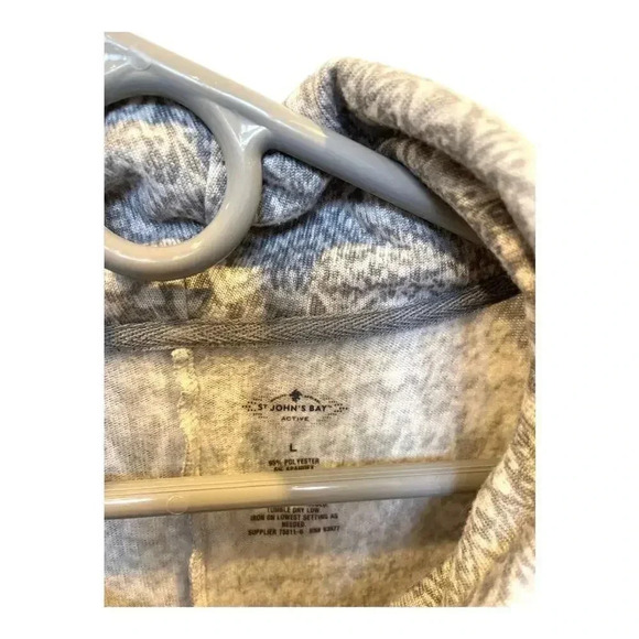 St. John’s‎ Bay Active Womens Tunic Sweater Top Size Large Gray White Print Cowl - Picture 2 of 3